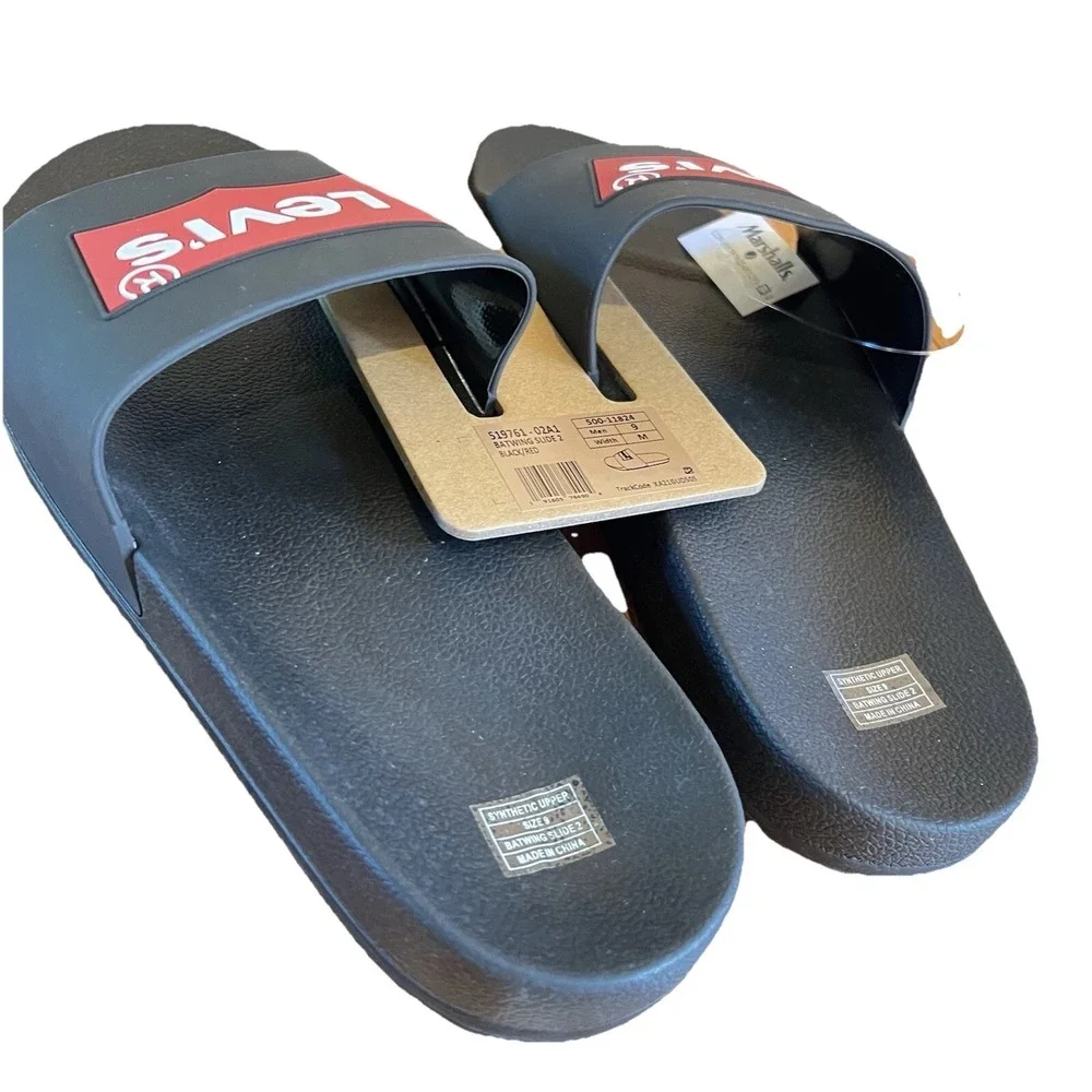 LEVIS Men Batwing Slide sz 11 Black Synthetic Slippers Logo Water Resistant NEW
